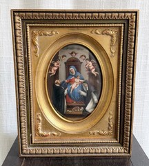Antique 1800s Sassoferrato Hand Painted Porcelain Plaque Madonna Of the Rosary