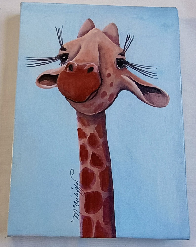 Whimsical Giraffe Wall Art Oil On Canvas Hand Painted Signed 7 X 5 Inches, Kids