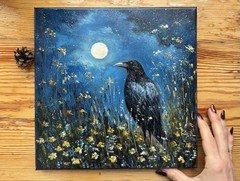 Raven Original Oil Painting Black Crow painting Crow Wall Art Bird Impasto Art