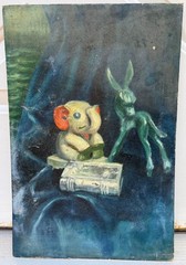 ANTIQUE ESTATE WATERCOLOR ON BOARD PAINTING ELEPHANT DONKEY BOOK 1933