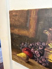 Vintage Mid-Century Original Still Life Pears & Pewter Oil Painting 16×20”