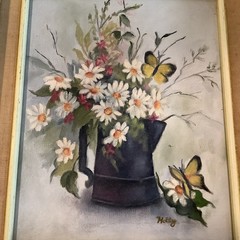 Original Oil painting canvas signed Holly daisy butterflies burlap framed 13″x15