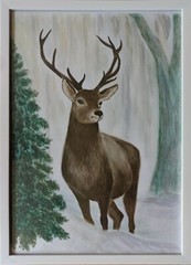 Deer Winter Forest Animal portrait Painting Acrylic Art Snow Landscape Wildlife