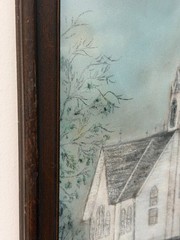 VINTAGE ORIGINAL PENCIL/CHALK FRAMED PAINTING WHITE STEEPLE CHURCH SCENE ARTWORK