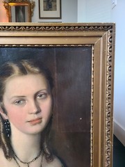 Antique 19th Century Oil Painting Portrait of a Victorian Gothic Young Lady