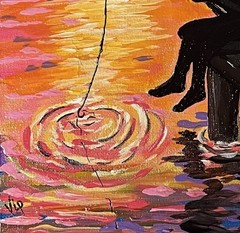 Original Folk Art Sunset Silhouette Girl Fishing Dog Acrylic 9×12” Canvas Panel