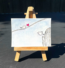 ACEO Minimalist Colored Pencil Drawing on Paper – Birds, Heart & Birdcage