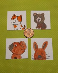 Bear Cat Bunny ART Original Hand PAINTING SET OF 4 miniature small 1.5 Inches S7