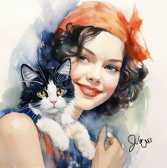 Vintage Style Art Cat Watercolor Print 8×11 in 1920s INCLUDES 11X14 MATTING