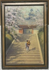Vintage M MATSU ‚Stairs at Temple Gate‘ Geisha NIKKO JAPAN Watercolor PAINTING