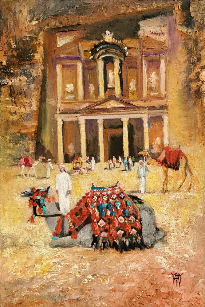 YARY DLUHOS Arabian Desert Landscape Petra Jordan Camels Original Oil Painting