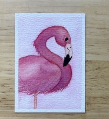 ACEO Original Art Card Watercolor Painting Pink Flamingo OOAK 2.5 x 3.5