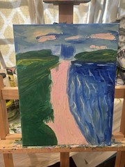 Original Art Signed Canvas Signed Landscape Seascape Blue Yellow Orange