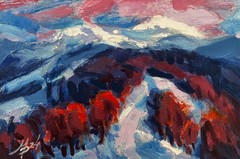 Acrylic Painting Winter Evening In The Mountains M. Patskan Original nAAA4927
