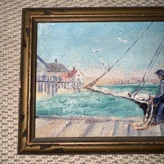 Antique Oil on Board Painting – New England Maritime Shore Fisherman on Dock