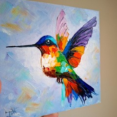 Hummingbird Impasto Original Painting Small Birds Animals 3D Art Unframed 6×6