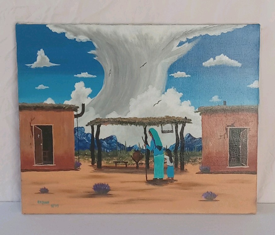 Tohono O’odham Tribe FR Juan ’97 Signed Acrylic Painting Village Scene AZ 20×16