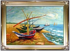 Framed, Van Gogh Fishing Boats Repro, Quality Hand Painted Oil Painting 24x36in