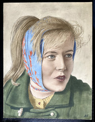 Watercolor Portrait Smiling Blonde Girl with Headscarf Monogram K.S Antique