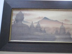 ANTIQUE BUDDHA PAINTING CITY VILLAGE VIEW NIGHT SUNSET OLD FRAME BATIK MODERNIST