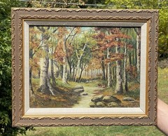 20th C. Oil Painting New England Autumn Birch Forest Hudson River School Nature
