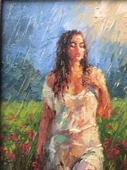 Original Oil Painting in Frame Girl Rain Summer Happiness 4х6in