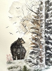 Watercolor Painting Original 9×6 Inches Of A Bear In The Woods