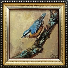Nuthatch Original Oil Painting 4×4 Framed Signed Blue Bird Tree Branch Art