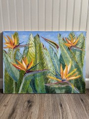 Vintage Birds of Paradise Original Painting Green, Blue & Orange Signed Bohemian