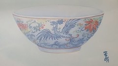 Vintage Asian Chinese Ceramic Bowl Painting with wall frame by artist Song Ching