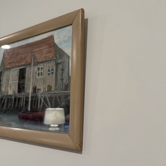 Original Coastal Harbor Painting Signed L. Minte Fishing Shack Dock Nautical