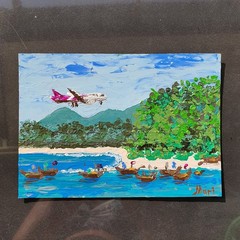 Airplane Painting Beach Boats Original Art Tropical Seascape Sky Coastal Artwork