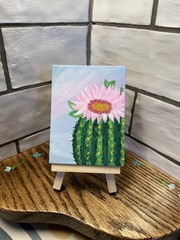 Small Acrylic Canvas painting w/Easel Southwest Colorful Cactus W/ Pink Flower