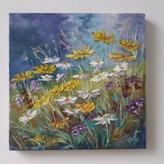 Golden Wildflower Meadow Original Oil Painting Floral Landscape Nature Wall Arts