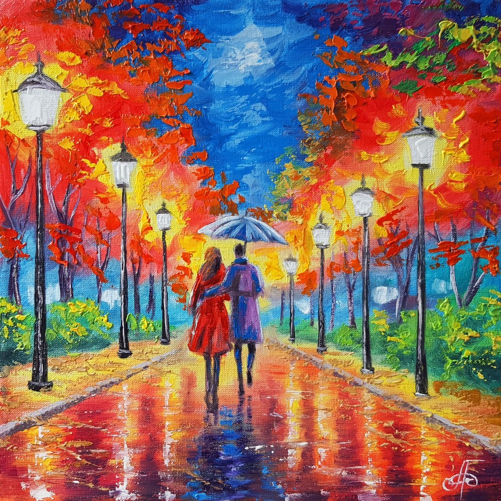 Small Oil Painting on Canvas Autumn Park Couple Umbrella Vibrant Colors Wall Art