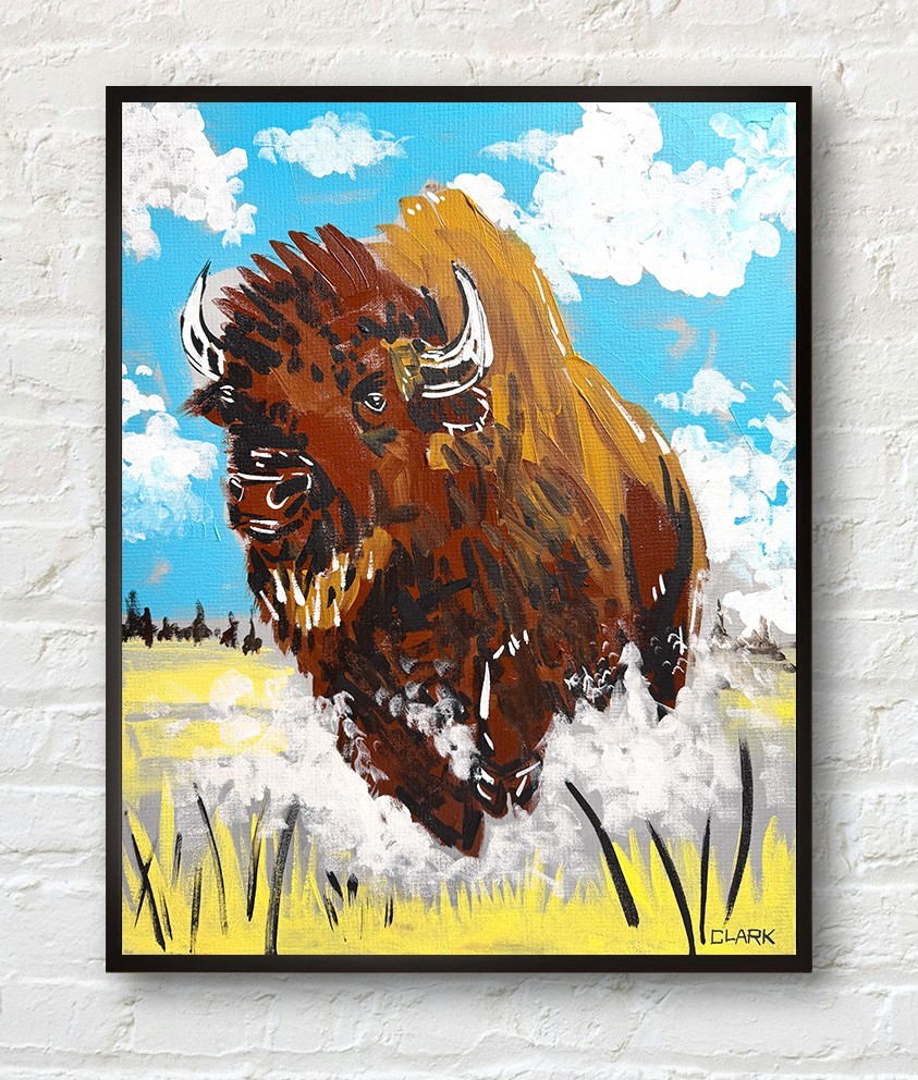 Unique American Bison Running Expressionism – Acrylic Painting On 20×16″ Canvas