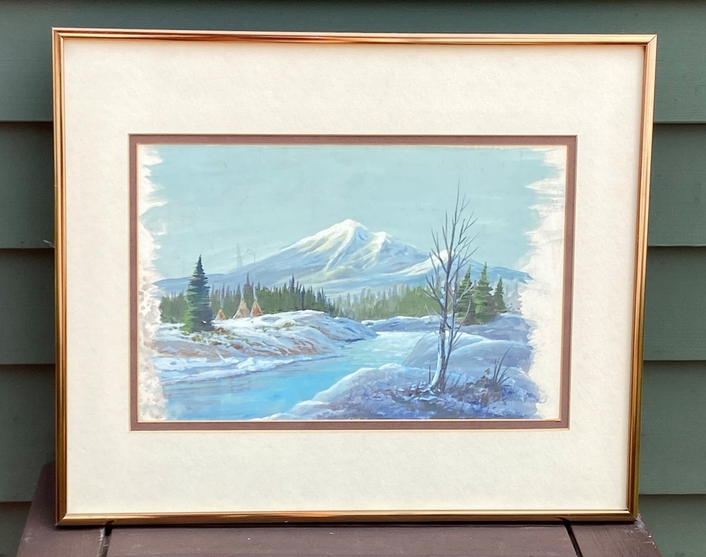 Winter Teepees by Stream Western Gouache on Artboard 14”x17”, Unsigned