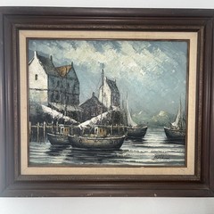 Vintage Signed Oil Painting On Canvas. Depicting Boats In Harbor Moody
