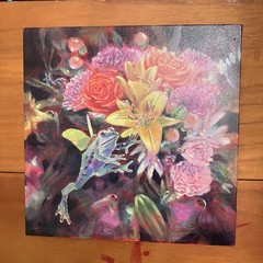 Original Flying Frog Painting floral art flowers ladybug Funny Artwork Amphibian