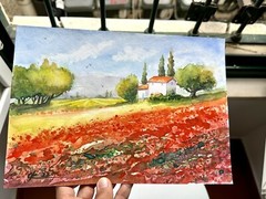 Landscape poppy field Provence farm red flowers Original Watercolor Painting