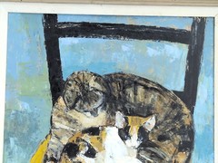 VTG Cat Painting Signed Leslie Randall Oil On Board Mid Century CT Artist 25×24