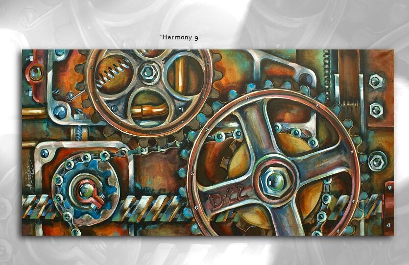 Original Mechanical Steam Punk Painting Modern Contemporary ART Mix Lang cert.