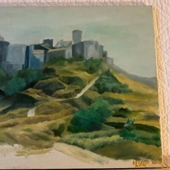 Modernist landscape castle original painting abstract by Kirk greens gray