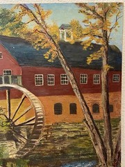 Vintage Original Oil Painting Red Grist Mill Water Wheel Autumn Landscape Art