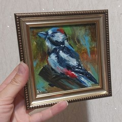 Woodpecker Original Oil Painting Bird Framed Miniature Wall Art 4×4 inch