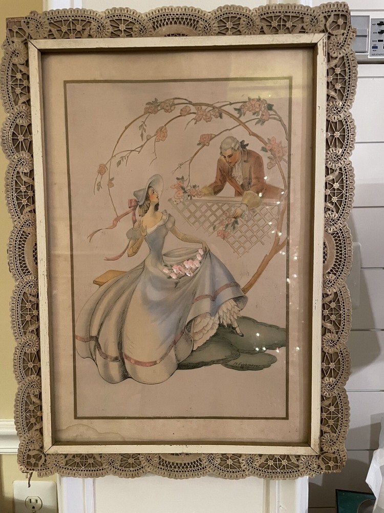 Maude Eggemeyer Water Color ~ Signed Colonial Courting Scene Framed RARE FIND🦄