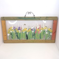 Wildflower Painting On A Rustic Framed Glass Featuring A Bumblebee Country Core
