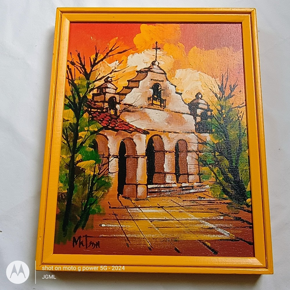 Vintage Oil Painting California Mission Spanish Church Orange Yellow Religious