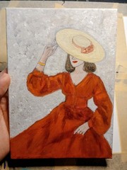 Original Fine Art Painting – Classy Lady in Red Dress Sun Hat, 5x7inch On Canvas
