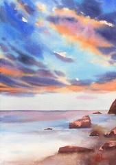 Seascape – Original 11.7 x 16.5″ Watercolor Painting with Waves and Clouds